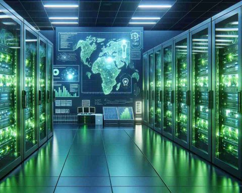 A realistic high-definition image portraying the concept of AI-powered, green computing. The image can include a modern, environmentally-friendly data center with servers bathed in green light to symbolize 'green computing'. To represent the ambitious plans, include visual metaphors like blueprints, 3D holograms of futuristic equipment, or an infographic showing rapid progress. However, avoid any company-specific logos or trademarks and maintain a neutral tone to avoid endorsing any particular entity.