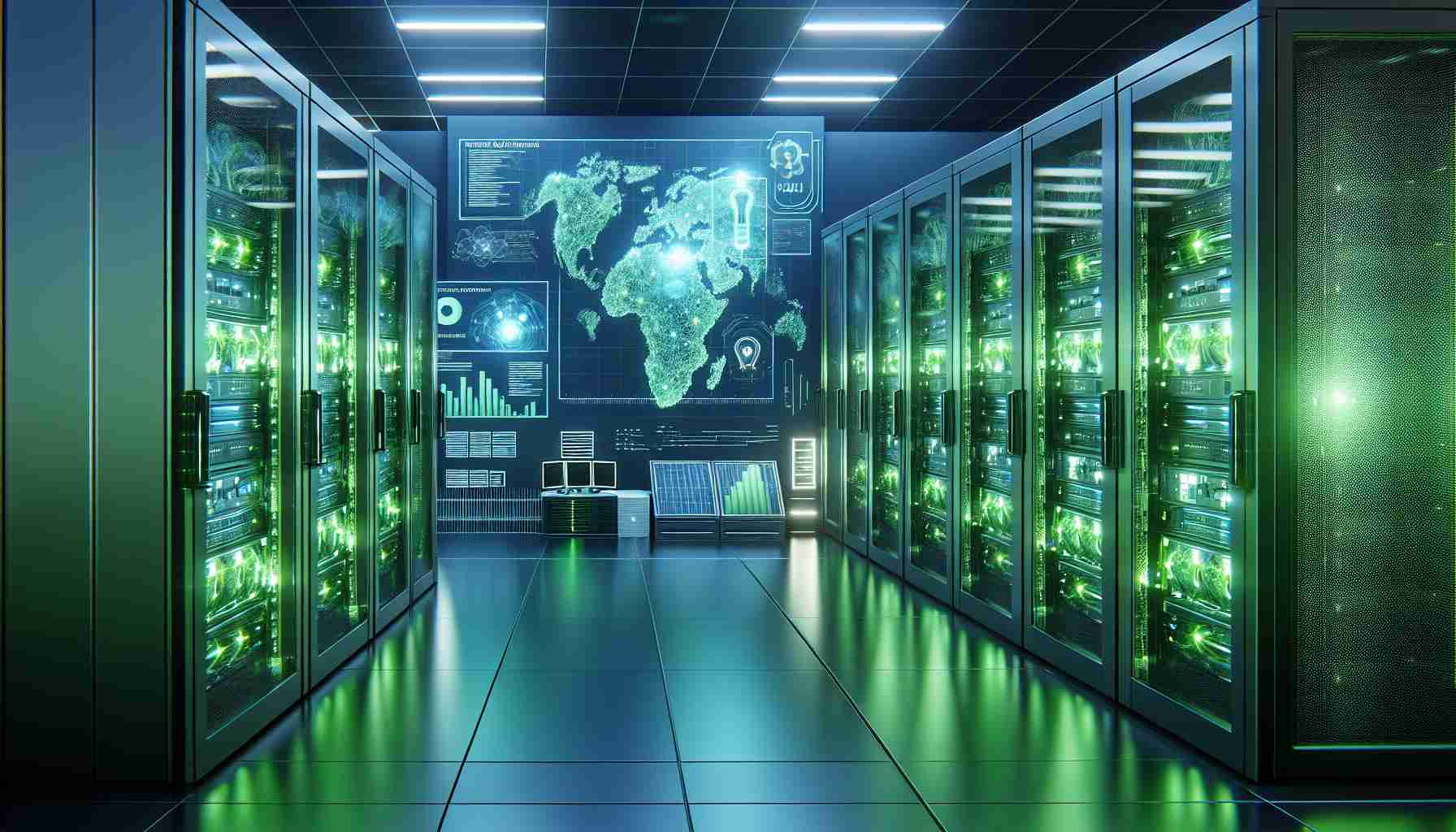 A realistic high-definition image portraying the concept of AI-powered, green computing. The image can include a modern, environmentally-friendly data center with servers bathed in green light to symbolize 'green computing'. To represent the ambitious plans, include visual metaphors like blueprints, 3D holograms of futuristic equipment, or an infographic showing rapid progress. However, avoid any company-specific logos or trademarks and maintain a neutral tone to avoid endorsing any particular entity.