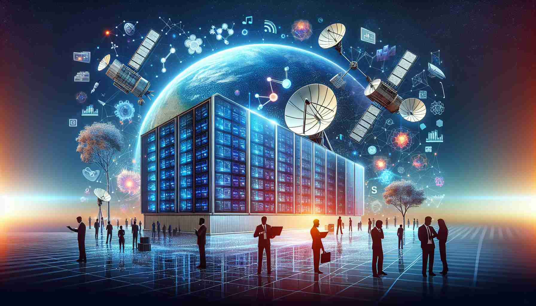 Generate a high-definition, realistic image; depicting a secure data center in India, symbolizing the boosting of data security compliance. Have some satellite dishes to represent the connection with space-based systems like 'Starlink'. Incorporate elements that suggest the themes of 'knowledge' and 'understanding', to convey the notion of needing to know important information.