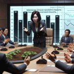 A realistic high-definition image capturing the intense discussion in a conference room. The center person is a South Korean official wearing formal attire; her stern expression and wide hand gestures demonstrate her demand for action. To the right, stands a graph showing data about Indonesian wood pellet imports on a large stand-up display. The rest of the room is filled with other officials attentively listening to her arguments.