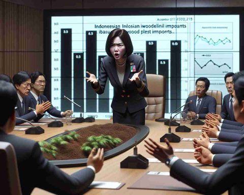 A realistic high-definition image capturing the intense discussion in a conference room. The center person is a South Korean official wearing formal attire; her stern expression and wide hand gestures demonstrate her demand for action. To the right, stands a graph showing data about Indonesian wood pellet imports on a large stand-up display. The rest of the room is filled with other officials attentively listening to her arguments.