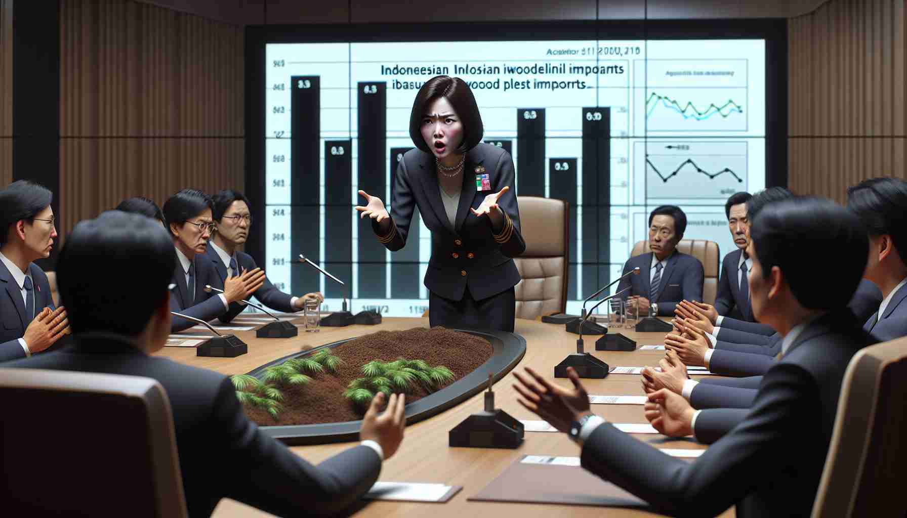 A realistic high-definition image capturing the intense discussion in a conference room. The center person is a South Korean official wearing formal attire; her stern expression and wide hand gestures demonstrate her demand for action. To the right, stands a graph showing data about Indonesian wood pellet imports on a large stand-up display. The rest of the room is filled with other officials attentively listening to her arguments.