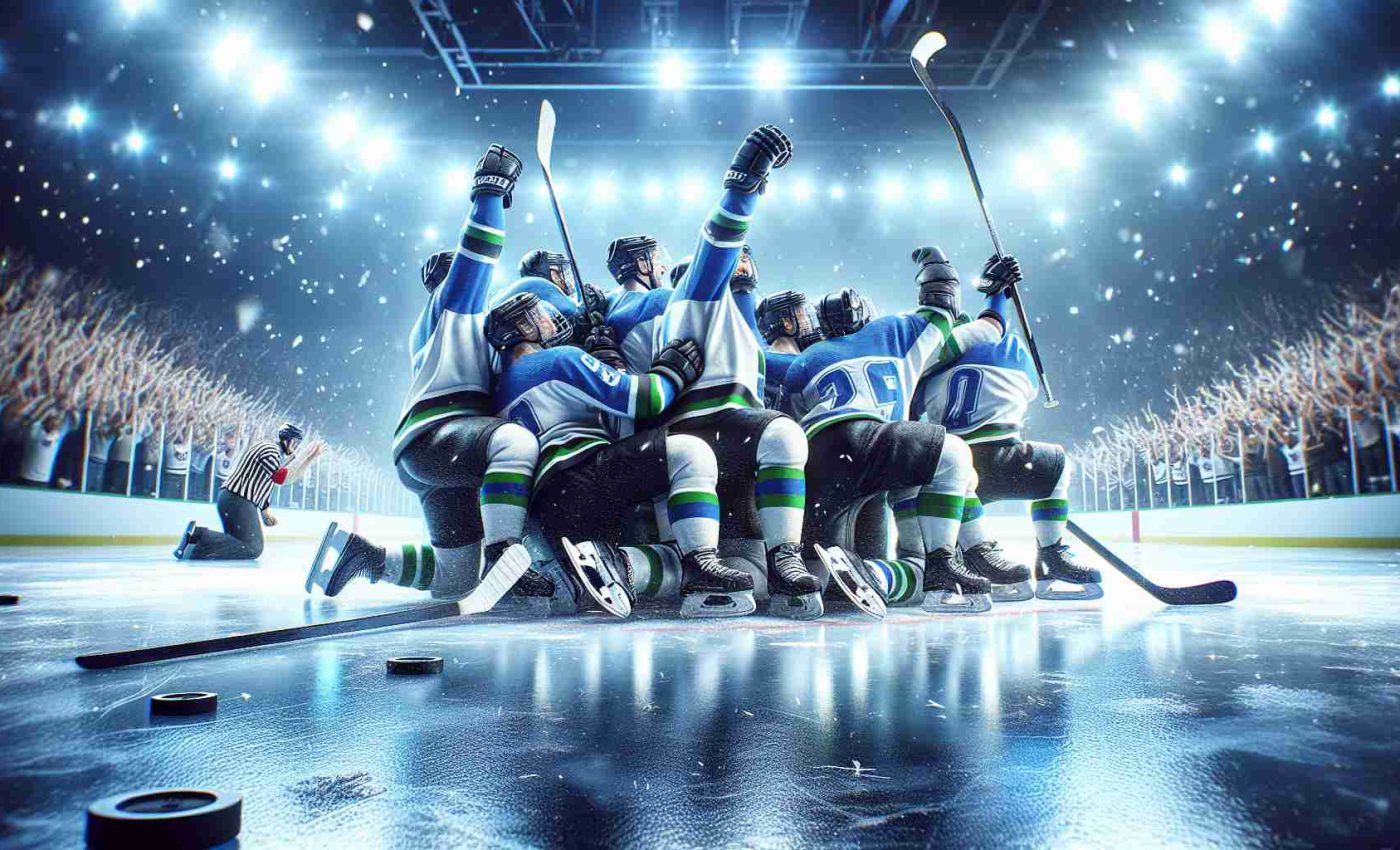 A high-definition, realistic picture showcasing a moment of resilience and victory for a hockey team, clad in blue, white, and green, as they achieve a critical win against a rival team dressed in black and white. The scene captures the excitement of the sport, the energy of the players, and the victorious atmosphere, against the backdrop of an icy, sparkling hockey rink.