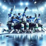 A high-definition, realistic picture showcasing a moment of resilience and victory for a hockey team, clad in blue, white, and green, as they achieve a critical win against a rival team dressed in black and white. The scene captures the excitement of the sport, the energy of the players, and the victorious atmosphere, against the backdrop of an icy, sparkling hockey rink.