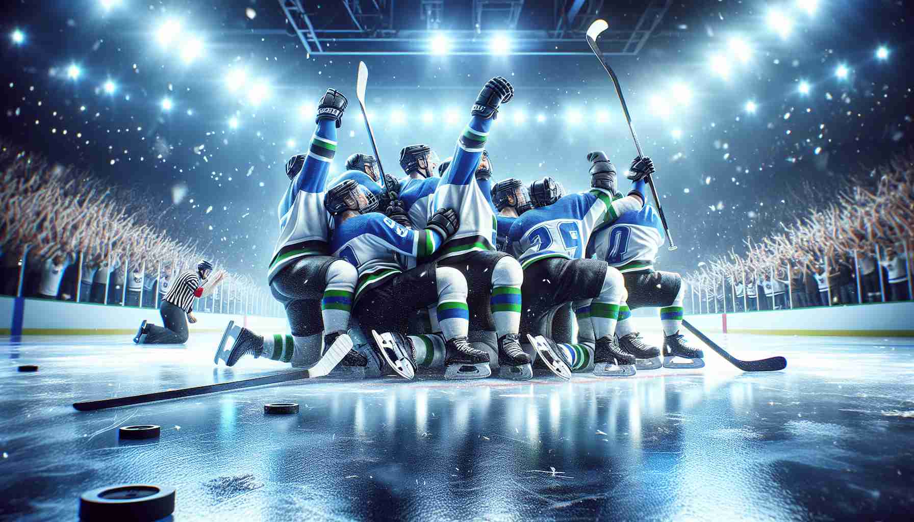 A high-definition, realistic picture showcasing a moment of resilience and victory for a hockey team, clad in blue, white, and green, as they achieve a critical win against a rival team dressed in black and white. The scene captures the excitement of the sport, the energy of the players, and the victorious atmosphere, against the backdrop of an icy, sparkling hockey rink.