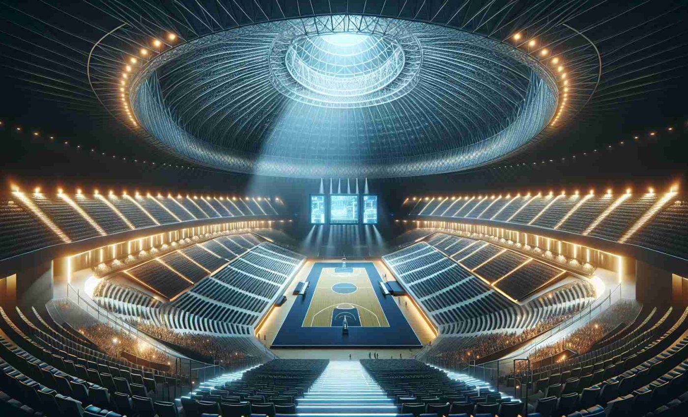 Create a detailed, high-definition image showcasing the interior of a contemporary, revolutionary sports dome. It should exemplify a cutting-edge feel with innovative architectural designs, emphasizing vastness and illumination. Highlight the court or field in the center and audience seating areas unfolding around it. The atmosphere should radiate enthusiasm and energy, with vibrant lights and modern technology, for a path-breaking sports experience.