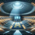 Create a detailed, high-definition image showcasing the interior of a contemporary, revolutionary sports dome. It should exemplify a cutting-edge feel with innovative architectural designs, emphasizing vastness and illumination. Highlight the court or field in the center and audience seating areas unfolding around it. The atmosphere should radiate enthusiasm and energy, with vibrant lights and modern technology, for a path-breaking sports experience.