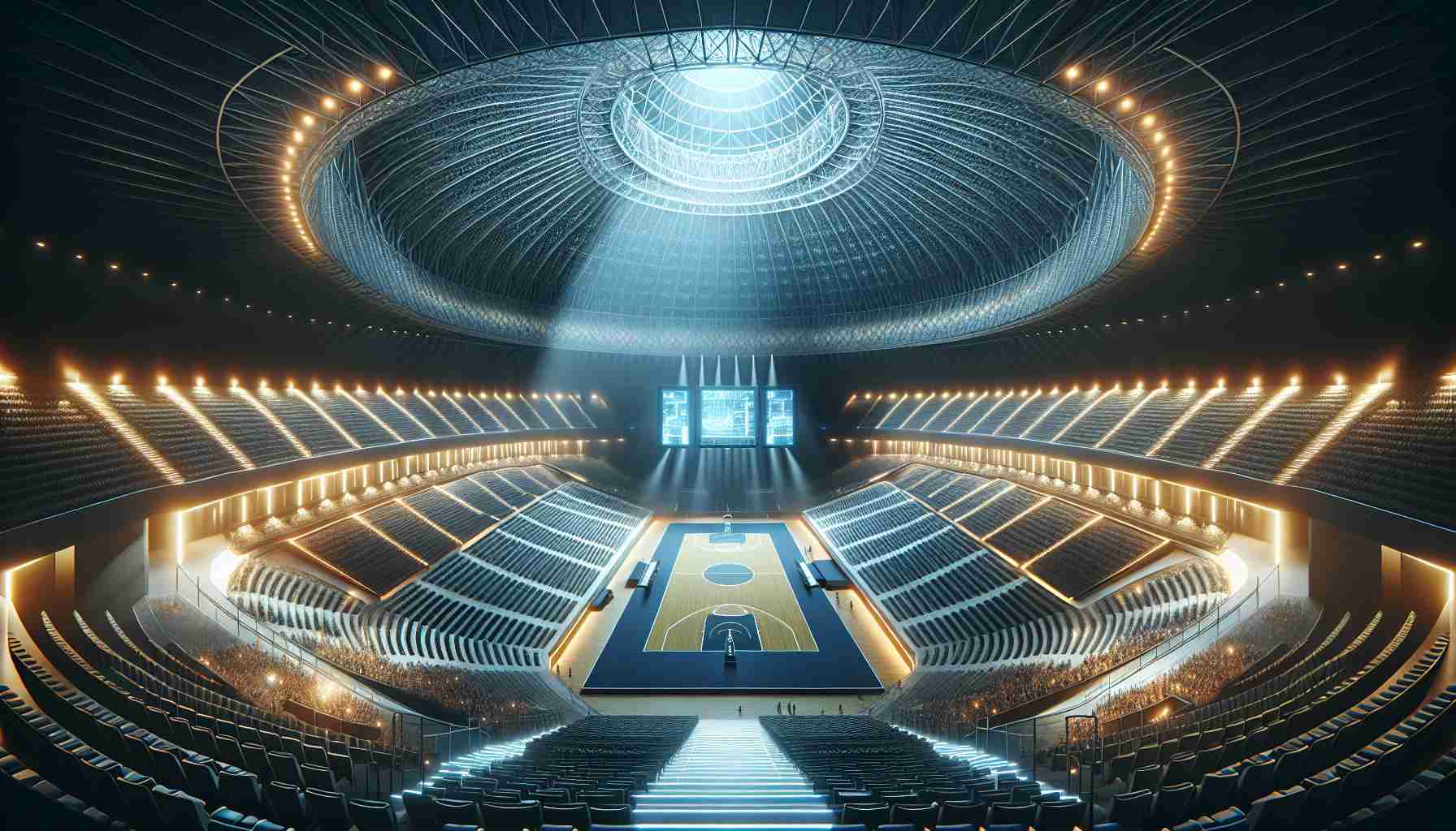 Create a detailed, high-definition image showcasing the interior of a contemporary, revolutionary sports dome. It should exemplify a cutting-edge feel with innovative architectural designs, emphasizing vastness and illumination. Highlight the court or field in the center and audience seating areas unfolding around it. The atmosphere should radiate enthusiasm and energy, with vibrant lights and modern technology, for a path-breaking sports experience.