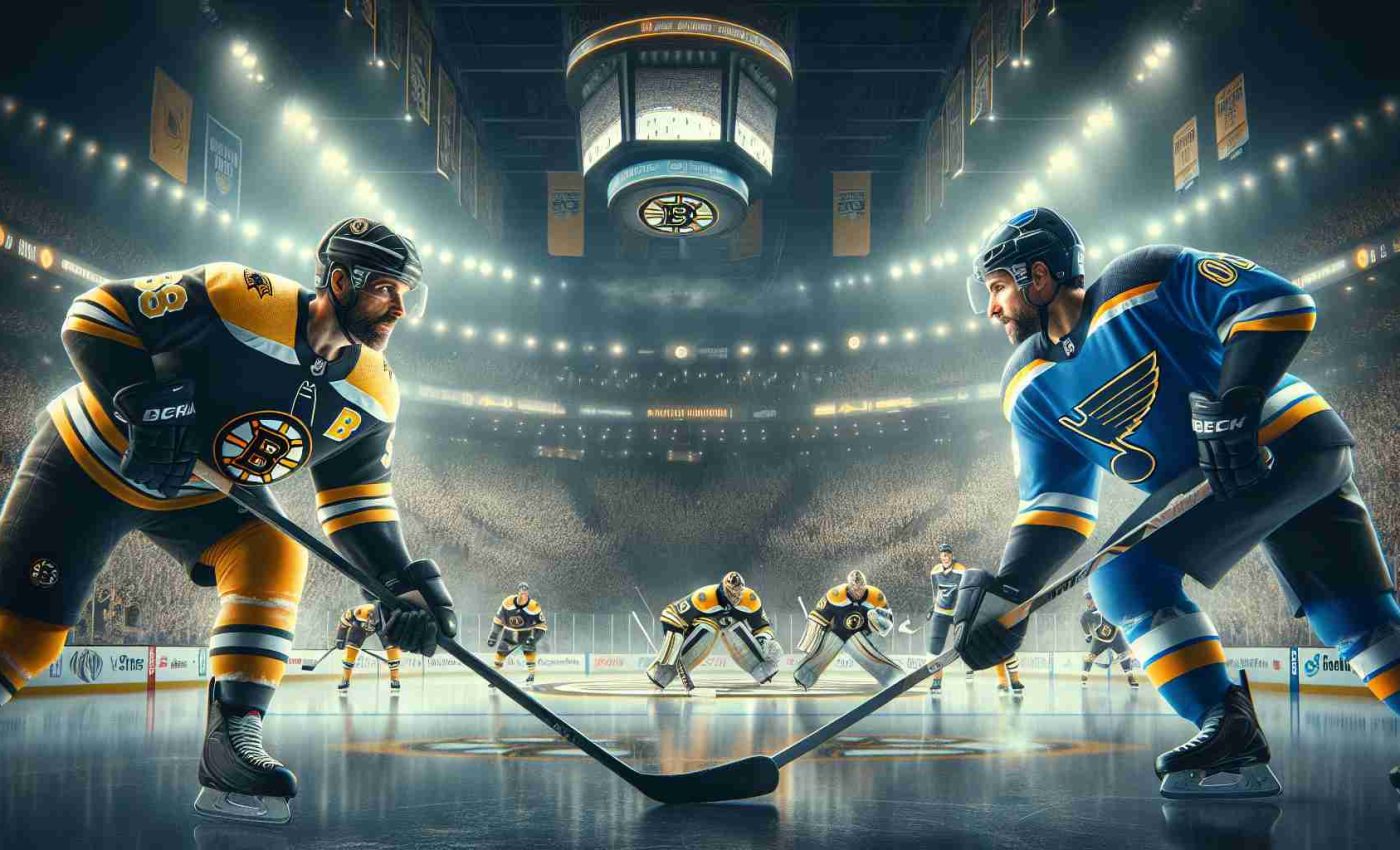 High-quality, realistic image showcasing a hypothetical scenario in which the Boston Bruins hockey team is preparing with fierce determination to regain their momentum during an away game against the St. Louis Blues. The atmosphere is tense, with both teams depicted in their respective uniforms, with iconic logos. The scene unfolds in a packed stadium, as fans eagerly anticipate the competition.