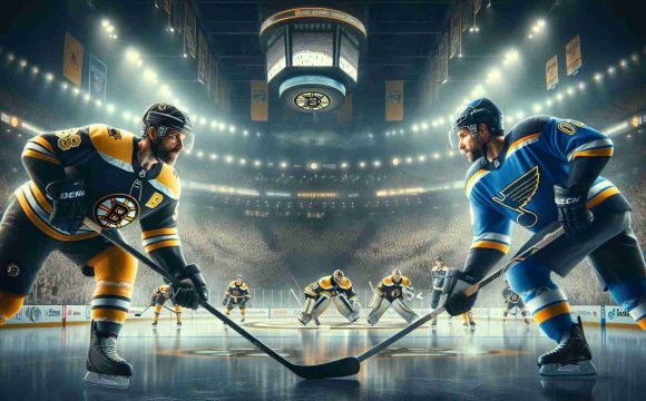 High-quality, realistic image showcasing a hypothetical scenario in which the Boston Bruins hockey team is preparing with fierce determination to regain their momentum during an away game against the St. Louis Blues. The atmosphere is tense, with both teams depicted in their respective uniforms, with iconic logos. The scene unfolds in a packed stadium, as fans eagerly anticipate the competition.