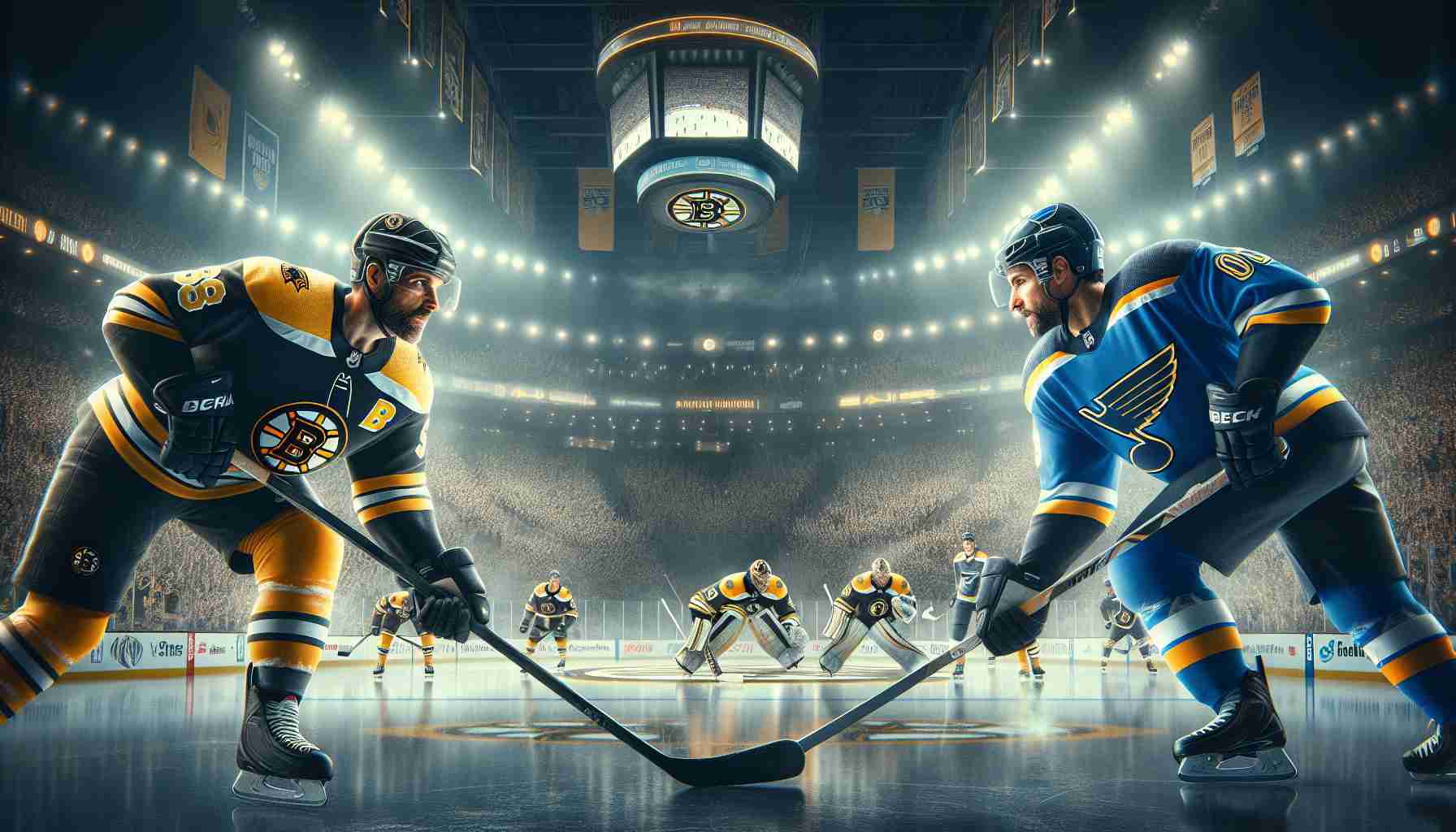 High-quality, realistic image showcasing a hypothetical scenario in which the Boston Bruins hockey team is preparing with fierce determination to regain their momentum during an away game against the St. Louis Blues. The atmosphere is tense, with both teams depicted in their respective uniforms, with iconic logos. The scene unfolds in a packed stadium, as fans eagerly anticipate the competition.