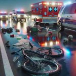 A realistic, high-definition image depicting a tragic scene by the highway. Remnants of a bicycle twisted and broken by the roadside, and emergency services' flashing lights reflect on the glassy surface of parked ambulances and police cars. There should be a sorrowful expression on the faces of passerby, suggesting a tragic incident. Please do not include graphic or explicit content, only ambient elements indicating a sad mishap.