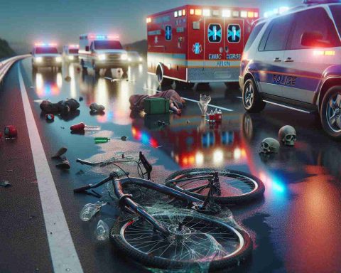 A realistic, high-definition image depicting a tragic scene by the highway. Remnants of a bicycle twisted and broken by the roadside, and emergency services' flashing lights reflect on the glassy surface of parked ambulances and police cars. There should be a sorrowful expression on the faces of passerby, suggesting a tragic incident. Please do not include graphic or explicit content, only ambient elements indicating a sad mishap.