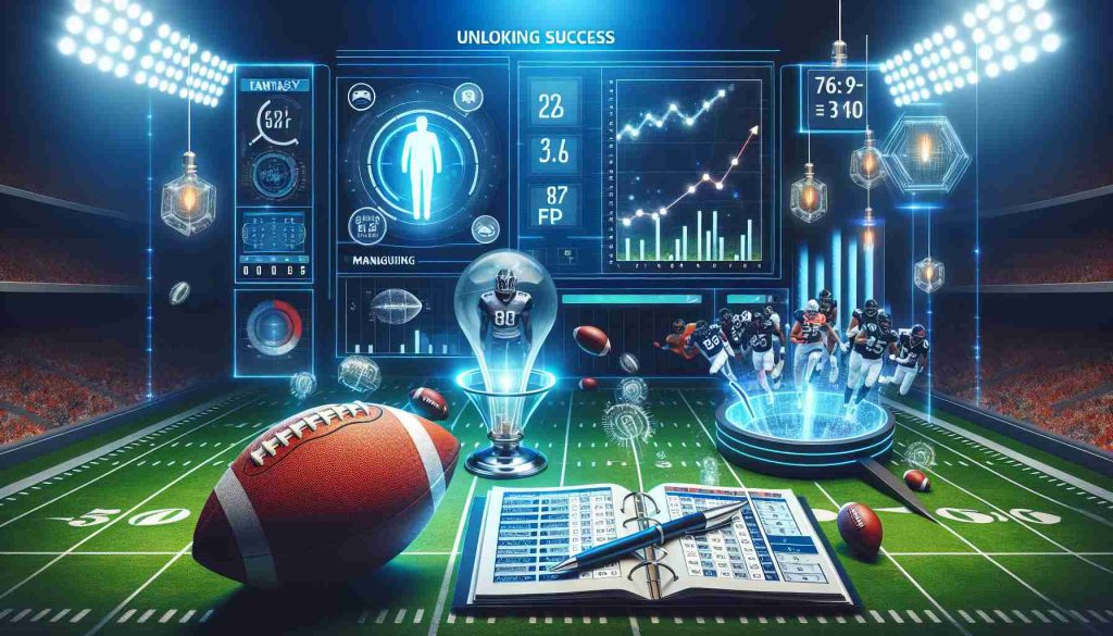 Generate a realistic HD image showcasing success in fantasy football. The scene should include elements that symbolize unlocking fantasy football strategy, such as virtual football field with ongoing games, charts and graphs indicating players' performances, and a digital interface for managing a fantasy lineup. It should stir a sense of success and anticipation, welcoming the upcoming week's challenges.