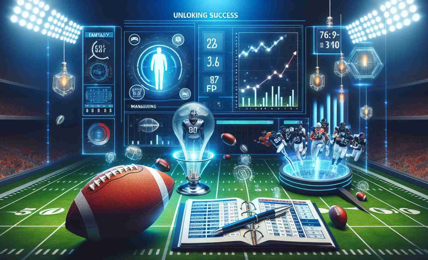 Generate a realistic HD image showcasing success in fantasy football. The scene should include elements that symbolize unlocking fantasy football strategy, such as virtual football field with ongoing games, charts and graphs indicating players' performances, and a digital interface for managing a fantasy lineup. It should stir a sense of success and anticipation, welcoming the upcoming week's challenges.