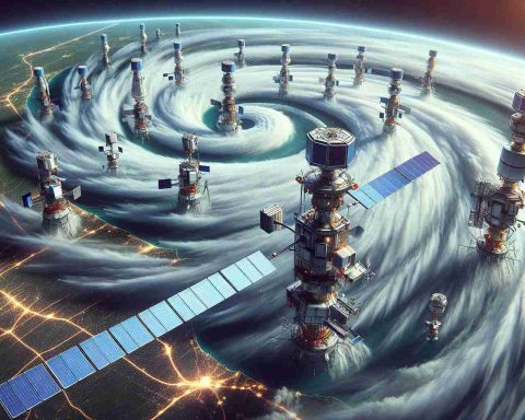 A High-Definition, realistic depiction of an array of satellites operated by the Indian Space Research Organisation (ISRO). These technologically advanced devices are playing a vital role as lifesavers, as they provide critical data and surveillance to monitor and manage the threatening Cyclone Fengal. The cyclone is depicted as a swirling storm rapidly approaching the coastal region of Tamil Nadu, a southern State in India. Use a digital art style.