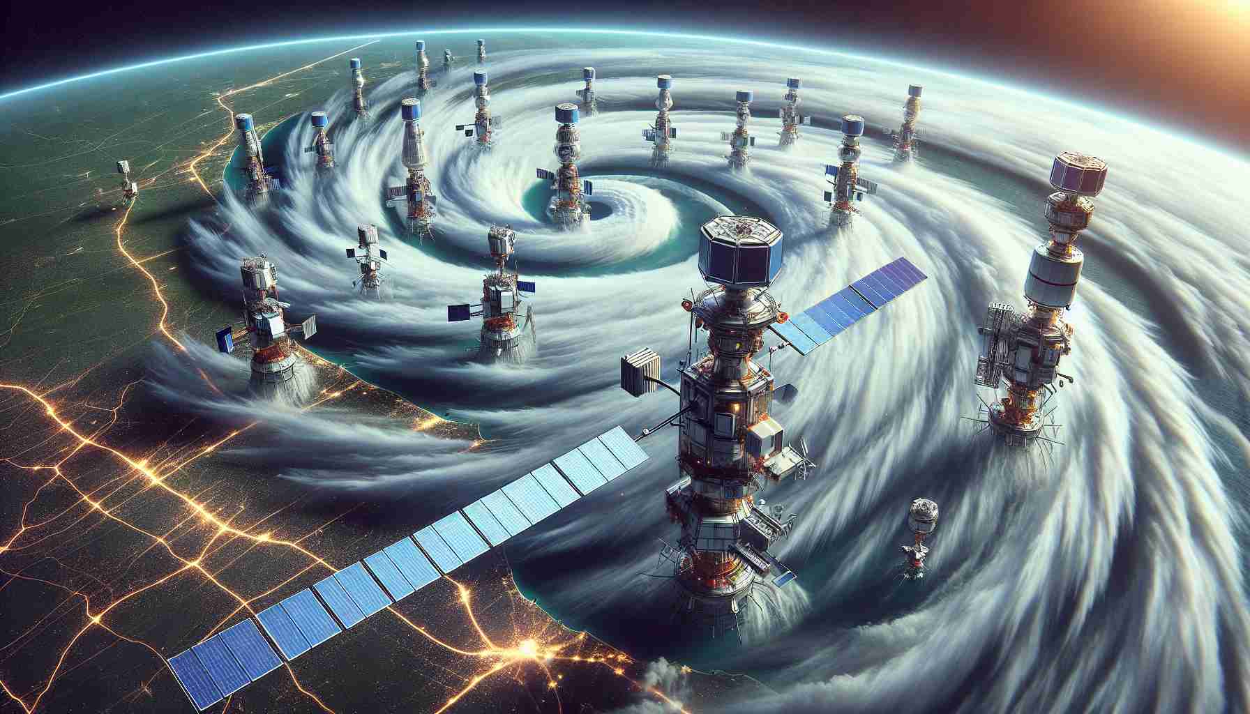 A High-Definition, realistic depiction of an array of satellites operated by the Indian Space Research Organisation (ISRO). These technologically advanced devices are playing a vital role as lifesavers, as they provide critical data and surveillance to monitor and manage the threatening Cyclone Fengal. The cyclone is depicted as a swirling storm rapidly approaching the coastal region of Tamil Nadu, a southern State in India. Use a digital art style.