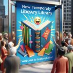 High-resolution realistic image showcasing a thrilling moment for book lovers. The scene depicts a sign placed at the entrance of a new temporary location named 'Mount Airy Library'. The sign is joyful with vibrant colors and an eye-catching design, showing images of open books. Citizens from different descents and gender can be seen, some expressing delight and excitement, others curiously peering into the open door of the new place.