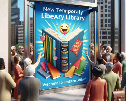 High-resolution realistic image showcasing a thrilling moment for book lovers. The scene depicts a sign placed at the entrance of a new temporary location named 'Mount Airy Library'. The sign is joyful with vibrant colors and an eye-catching design, showing images of open books. Citizens from different descents and gender can be seen, some expressing delight and excitement, others curiously peering into the open door of the new place.