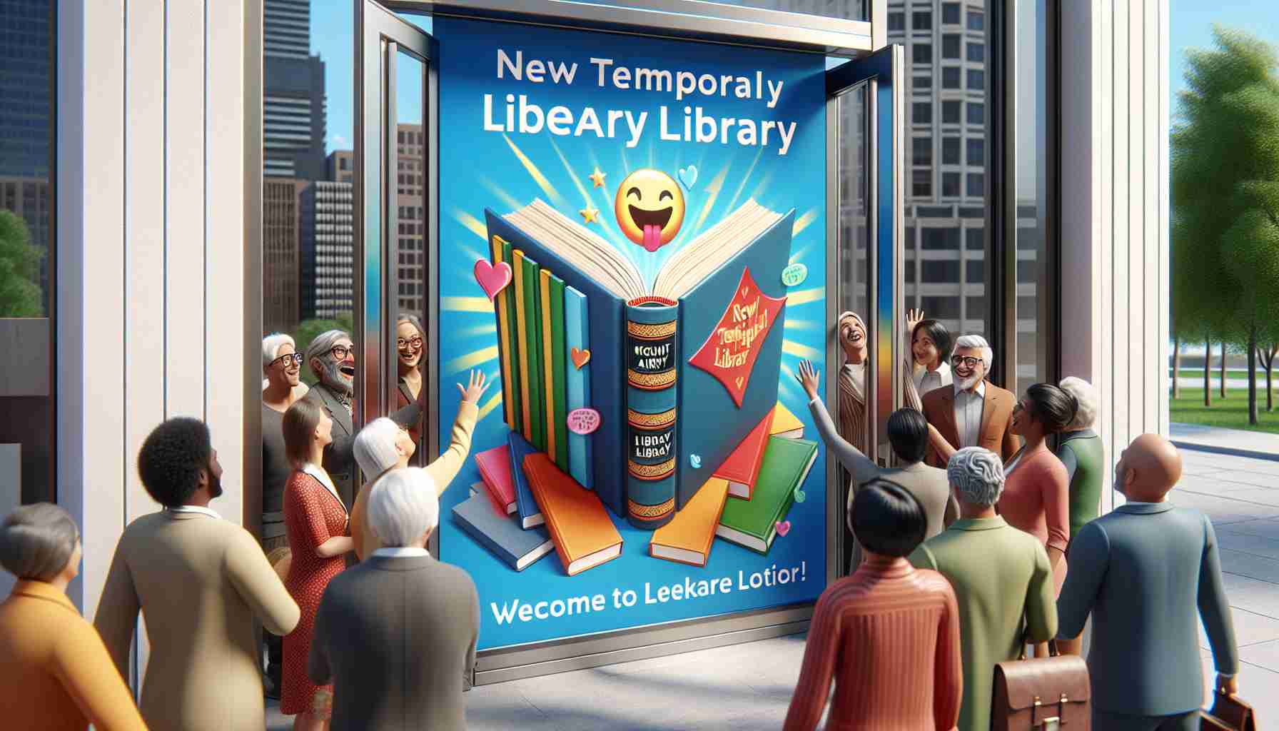 High-resolution realistic image showcasing a thrilling moment for book lovers. The scene depicts a sign placed at the entrance of a new temporary location named 'Mount Airy Library'. The sign is joyful with vibrant colors and an eye-catching design, showing images of open books. Citizens from different descents and gender can be seen, some expressing delight and excitement, others curiously peering into the open door of the new place.