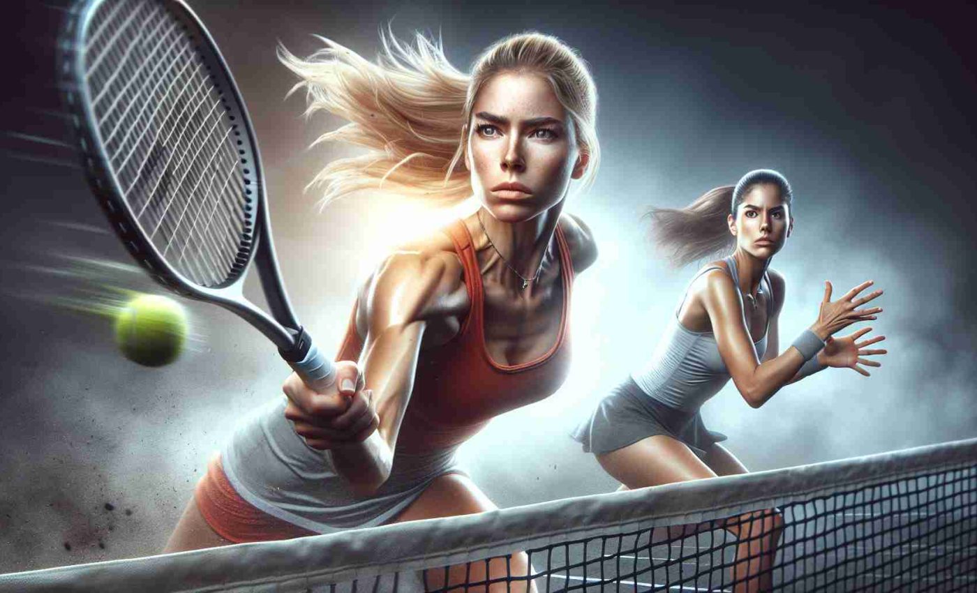 An HD image of a tense and climactic moment in a women's tennis match. One player, an energetic Caucasian woman with blond hair tied back, puts her full strength into a powerful backhand. Across the net, her opponent, a focused Hispanic woman with dark hair in a ponytail, prepares to make a swift return. The image captures the split second before the ball is hit, amplifying the suspense of the match. This should be a realistic portrayal enhancing the intensity and competitiveness of the game.