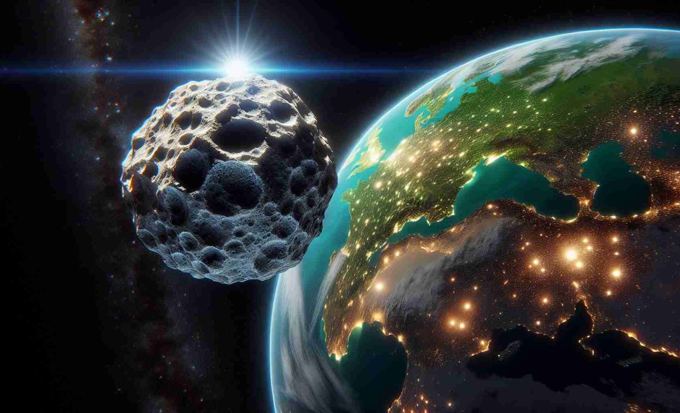 Please generate an HD, realistic image depicting a celestial scene. The main focus is an asteroid, or 'mini-moon', with its rocky and irregular surface reflecting light, creating an amazing dazzling effect. This object is moving towards Earth, but not in a threatening manner. It's safe and allows Earth's dwellers for a breathtaking observation. Illuminated cities should be visible on night side of the Earth, while turquoise-colored oceans and green landmasses are on the daylight side. Stars are twinkling in the vast, black, vacuum space surrounding this scene.