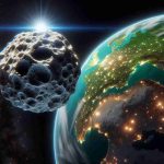 Please generate an HD, realistic image depicting a celestial scene. The main focus is an asteroid, or 'mini-moon', with its rocky and irregular surface reflecting light, creating an amazing dazzling effect. This object is moving towards Earth, but not in a threatening manner. It's safe and allows Earth's dwellers for a breathtaking observation. Illuminated cities should be visible on night side of the Earth, while turquoise-colored oceans and green landmasses are on the daylight side. Stars are twinkling in the vast, black, vacuum space surrounding this scene.