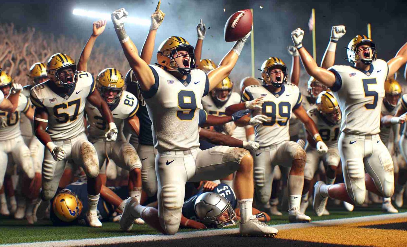 A realistic, high-definition photo presenting a thrilling victory in a college football game. Showcase the display of emotion from the players in their uniforms and the crowd reacting intensely. Focus on moments that would potentially reshape the college football rankings, such as a decisive touchdown or an unbelievable catch. Note: do not include explicit logos or references to real schools.