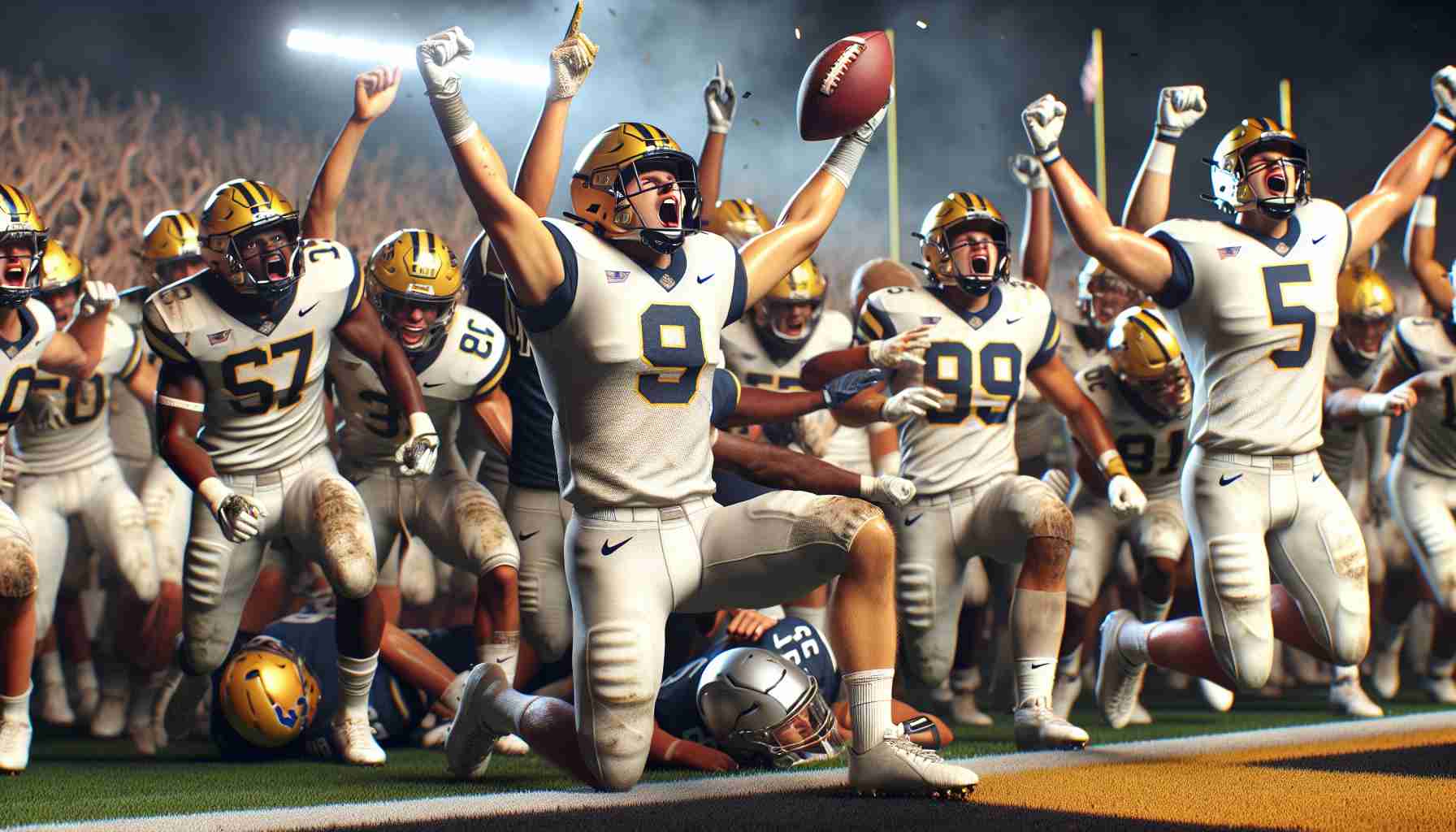 A realistic, high-definition photo presenting a thrilling victory in a college football game. Showcase the display of emotion from the players in their uniforms and the crowd reacting intensely. Focus on moments that would potentially reshape the college football rankings, such as a decisive touchdown or an unbelievable catch. Note: do not include explicit logos or references to real schools.