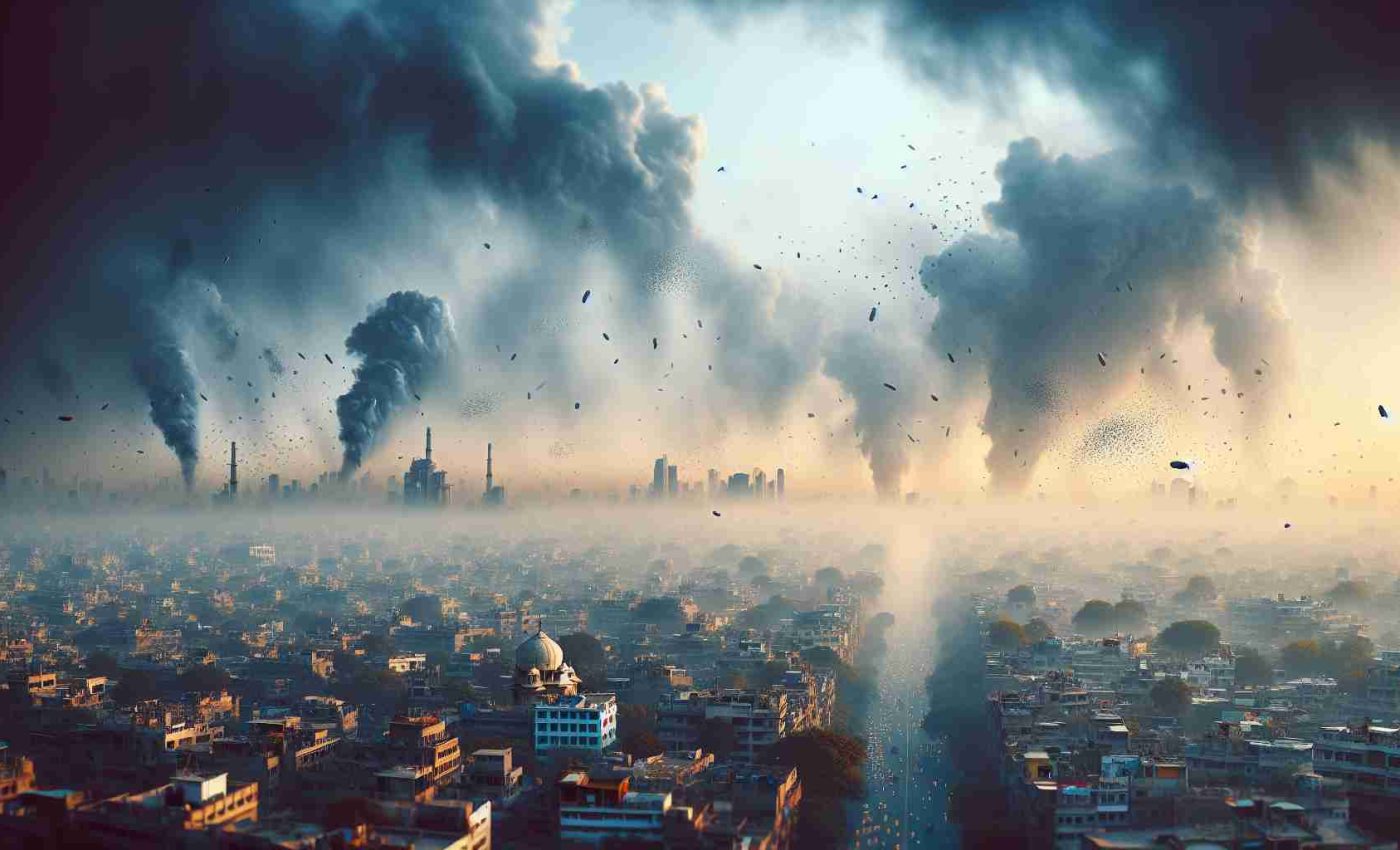 Create a high-definition, realistic image illustrating the severe air quality crisis in Delhi, India. Depict smoggy skies with discernible particles suspended in the air over the cityscape, visible severity of pollution in the atmosphere painting a shocking and alarming scene. Let it contribute to an understanding of the environmental damage and urgency of the situation.