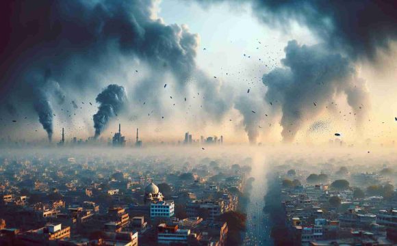 Create a high-definition, realistic image illustrating the severe air quality crisis in Delhi, India. Depict smoggy skies with discernible particles suspended in the air over the cityscape, visible severity of pollution in the atmosphere painting a shocking and alarming scene. Let it contribute to an understanding of the environmental damage and urgency of the situation.