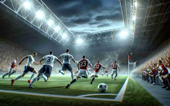 Generate a realistic HD image showing an intense moment in a football match between two rival teams. One team, in white and navy blue uniforms, is on the verge of scoring a surprising goal against the team in red and white uniforms. The stadium is filled with suspenseful anticipation from the spectators. Please note, no specific teams or players are required, just the colors and the atmosphere of the match.