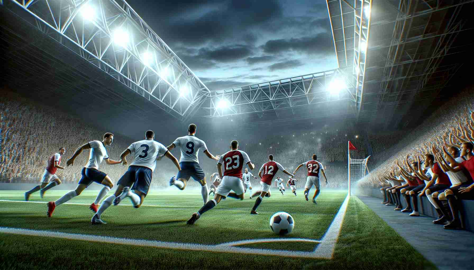 Generate a realistic HD image showing an intense moment in a football match between two rival teams. One team, in white and navy blue uniforms, is on the verge of scoring a surprising goal against the team in red and white uniforms. The stadium is filled with suspenseful anticipation from the spectators. Please note, no specific teams or players are required, just the colors and the atmosphere of the match.