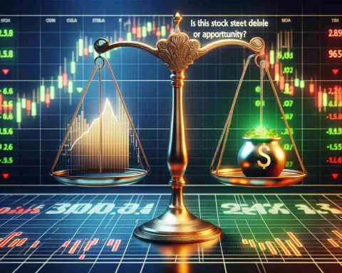 A realistic high-definition visual representation with the phrase 'Is This Stock Facing a Steep Decline or an Opportunity to Buy?' prominently displayed. The image showing a balance scale with one side depicting a downward trending chart (symbolizing steep decline) and other side showing a pot of gold (symbolizing opportunity) against a backdrop of digital stock market digits in green and red.