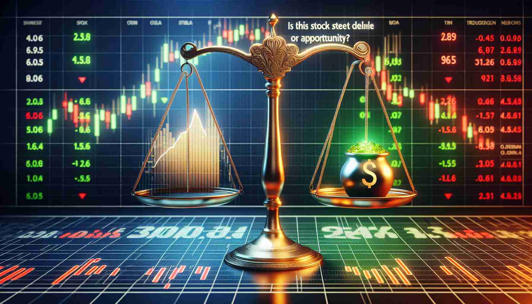 A realistic high-definition visual representation with the phrase 'Is This Stock Facing a Steep Decline or an Opportunity to Buy?' prominently displayed. The image showing a balance scale with one side depicting a downward trending chart (symbolizing steep decline) and other side showing a pot of gold (symbolizing opportunity) against a backdrop of digital stock market digits in green and red.