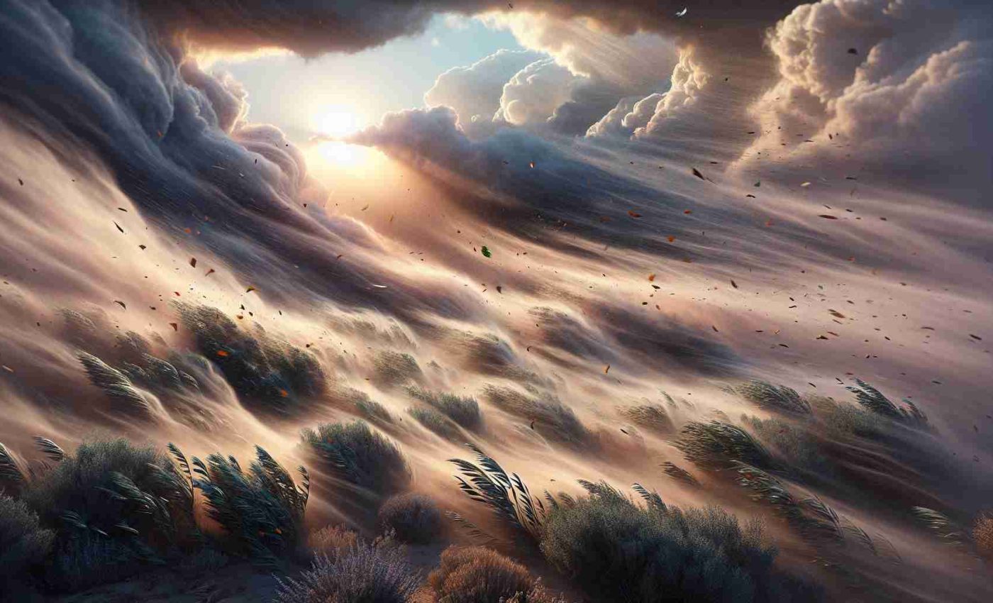 Realistic high-definition image showcasing the onset of strong Santa Ana winds in San Diego County. The sky is dominated by a surge of swirling winds, with dry leaves and dust particles being swept off the ground. The surrounding vegetation whips violently, signifying the fierce gusts. The sun is just emerging from the horizon, creating pearlescent hues across the sky.