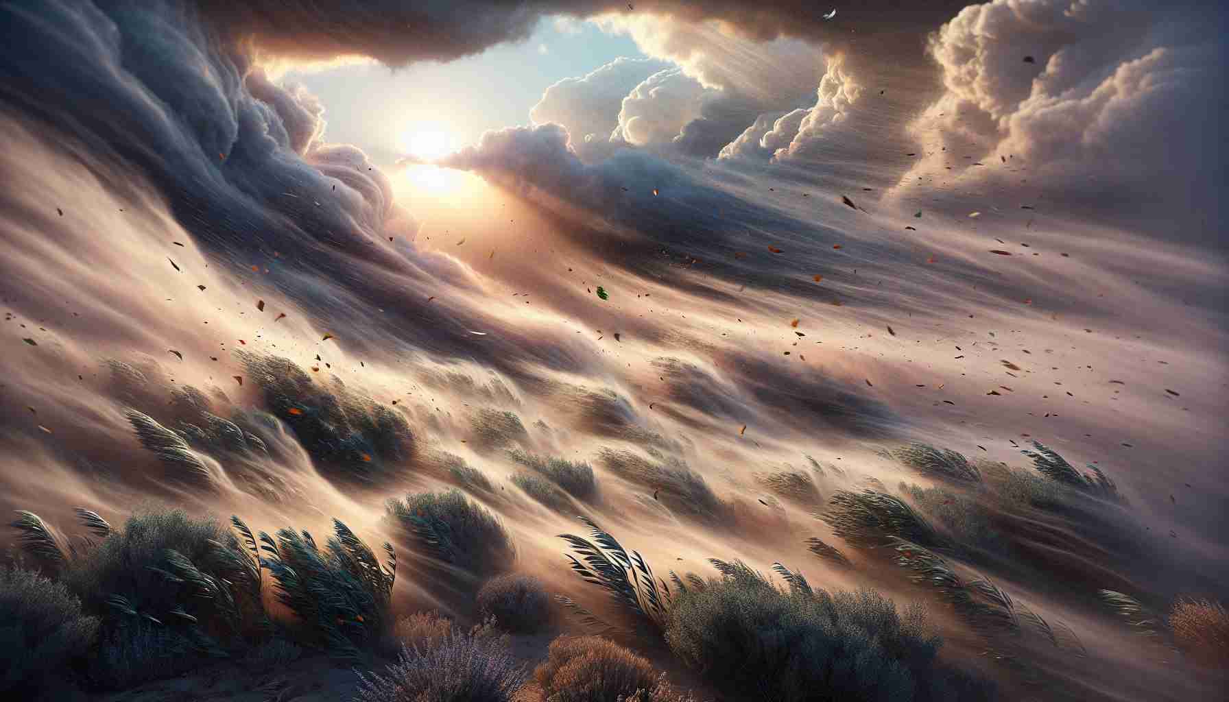 Realistic high-definition image showcasing the onset of strong Santa Ana winds in San Diego County. The sky is dominated by a surge of swirling winds, with dry leaves and dust particles being swept off the ground. The surrounding vegetation whips violently, signifying the fierce gusts. The sun is just emerging from the horizon, creating pearlescent hues across the sky.