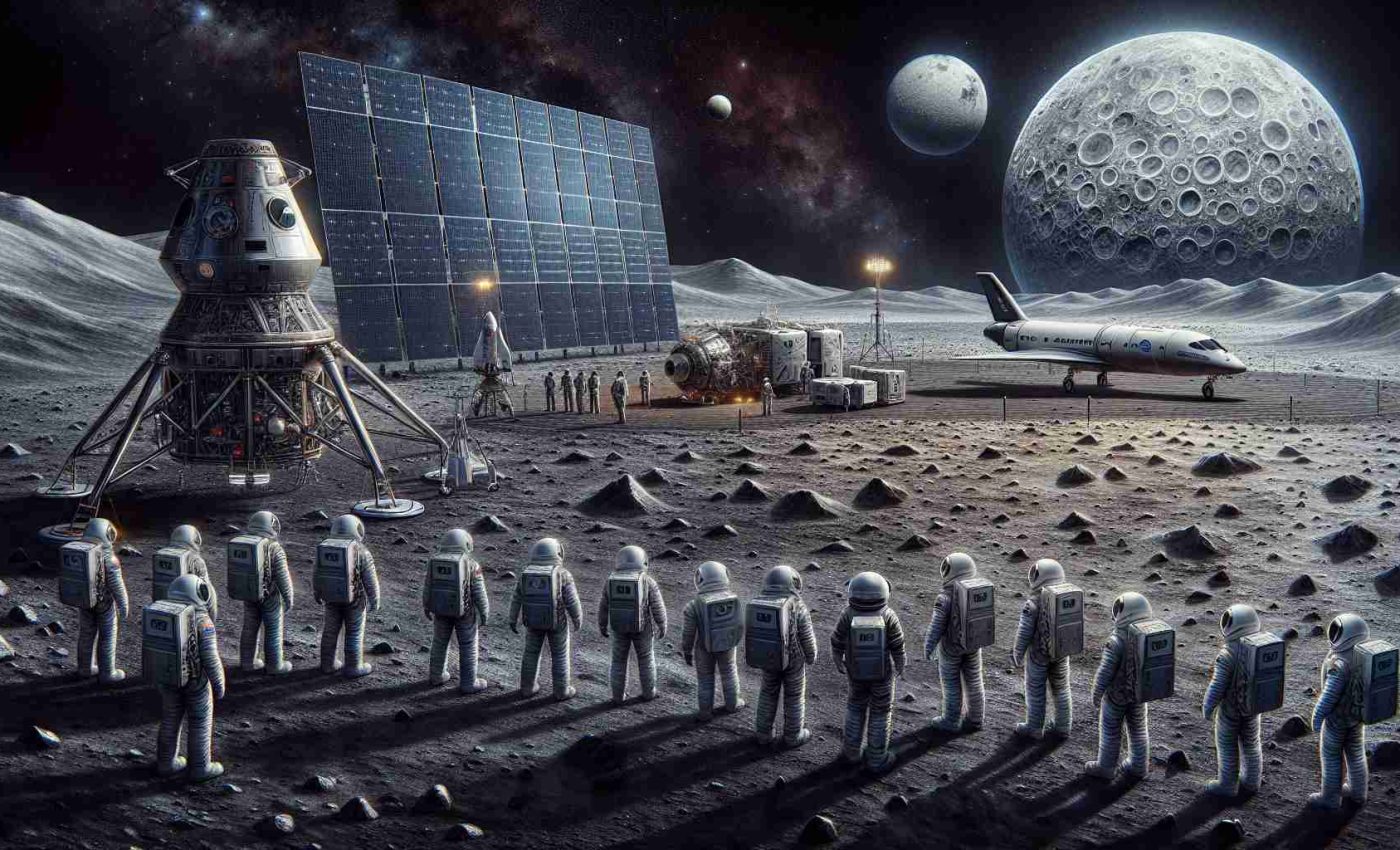 A high-definition, realistic portrayal of an ambitious lunar mission showing a collaboration between major space exploration companies. This illustration features a detailed landscape of a moon's harsh, grey, crater-filled terrain under a black starry sky. On the right, there's an advanced, futuristic spacecraft, a product of one of the space companies, standing tall with extended solar panels, ready for takeoff. Meanwhile, on the left, astronauts of different genders and descents (Caucasian, Hispanic, Black, Middle-Eastern, South Asian, East Asian), donning respective company's emblems on their space suits, getting ready to board the spaceship.