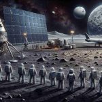 A high-definition, realistic portrayal of an ambitious lunar mission showing a collaboration between major space exploration companies. This illustration features a detailed landscape of a moon's harsh, grey, crater-filled terrain under a black starry sky. On the right, there's an advanced, futuristic spacecraft, a product of one of the space companies, standing tall with extended solar panels, ready for takeoff. Meanwhile, on the left, astronauts of different genders and descents (Caucasian, Hispanic, Black, Middle-Eastern, South Asian, East Asian), donning respective company's emblems on their space suits, getting ready to board the spaceship.