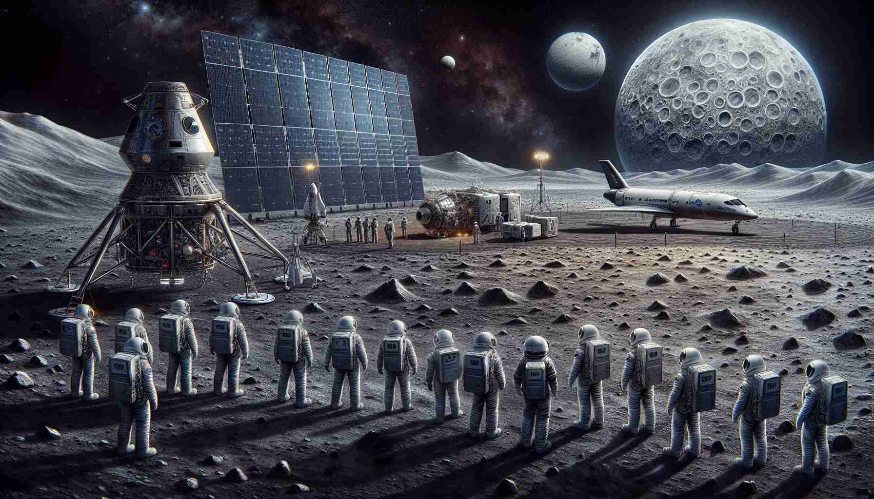 A high-definition, realistic portrayal of an ambitious lunar mission showing a collaboration between major space exploration companies. This illustration features a detailed landscape of a moon's harsh, grey, crater-filled terrain under a black starry sky. On the right, there's an advanced, futuristic spacecraft, a product of one of the space companies, standing tall with extended solar panels, ready for takeoff. Meanwhile, on the left, astronauts of different genders and descents (Caucasian, Hispanic, Black, Middle-Eastern, South Asian, East Asian), donning respective company's emblems on their space suits, getting ready to board the spaceship.