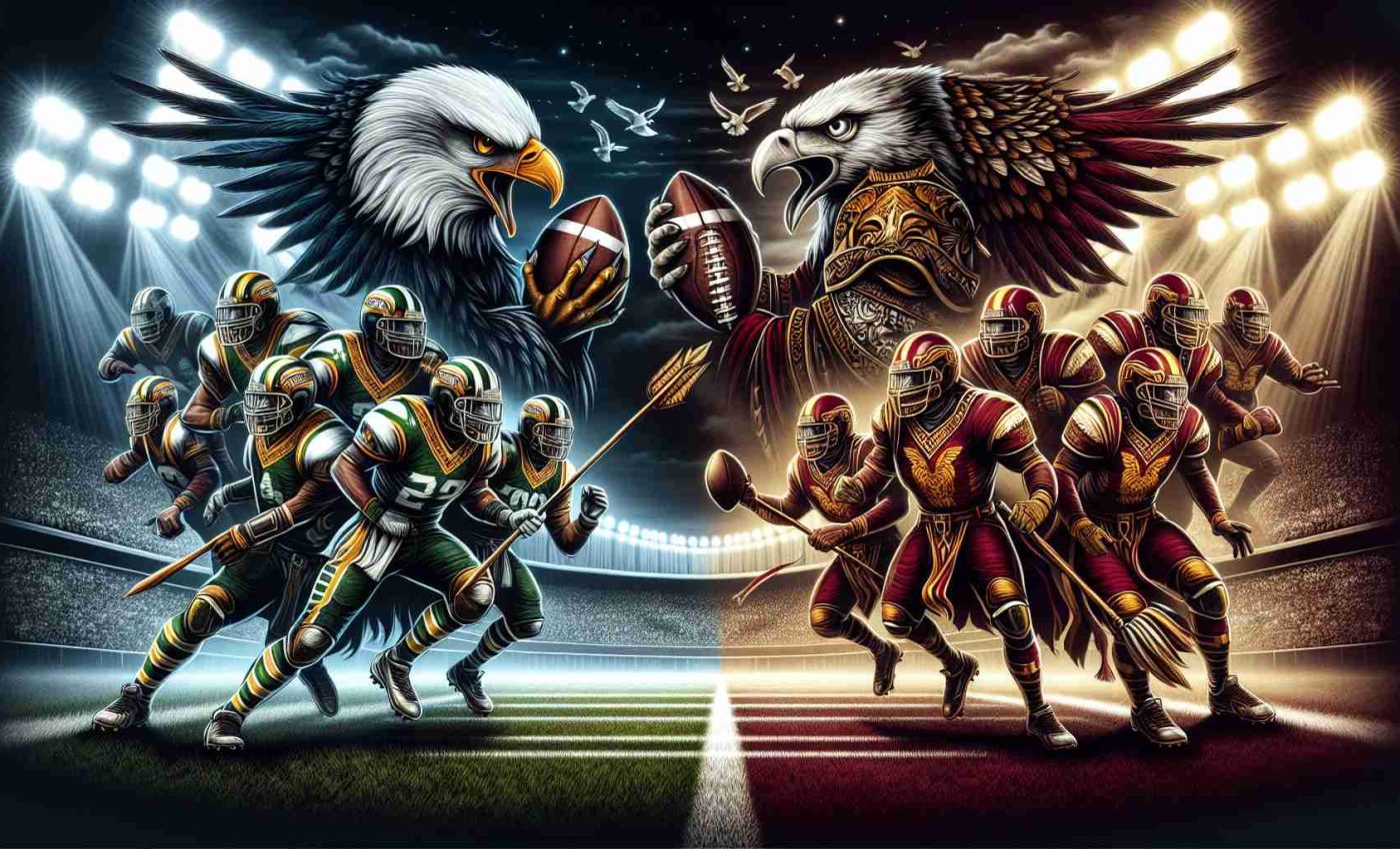 Glorious depiction of a thrilling football game under stadium lights. On one side, the team symbolized by the fierce and majestic Eagle, dressed in their on-field attire with predominantly green and white colors. On the other side, the staunch and disciplined team represented by the term ‘Commanders’, adorned in their battle garb tinted with shades of burgundy and gold. Both teams engaged in an epic showdown, a clash of titans, embodying the true spirit of the sport.