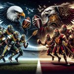 Glorious depiction of a thrilling football game under stadium lights. On one side, the team symbolized by the fierce and majestic Eagle, dressed in their on-field attire with predominantly green and white colors. On the other side, the staunch and disciplined team represented by the term ‘Commanders’, adorned in their battle garb tinted with shades of burgundy and gold. Both teams engaged in an epic showdown, a clash of titans, embodying the true spirit of the sport.