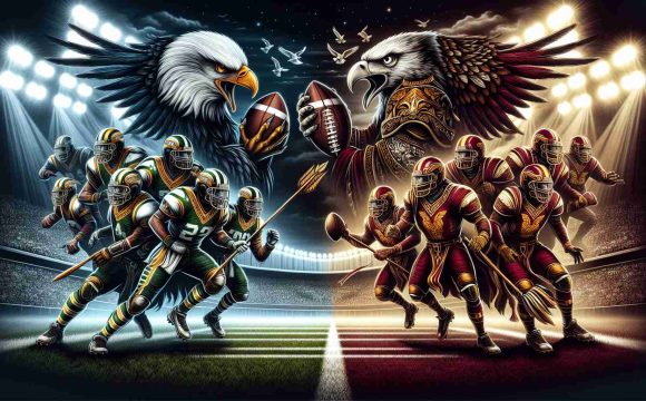 Glorious depiction of a thrilling football game under stadium lights. On one side, the team symbolized by the fierce and majestic Eagle, dressed in their on-field attire with predominantly green and white colors. On the other side, the staunch and disciplined team represented by the term ‘Commanders’, adorned in their battle garb tinted with shades of burgundy and gold. Both teams engaged in an epic showdown, a clash of titans, embodying the true spirit of the sport.