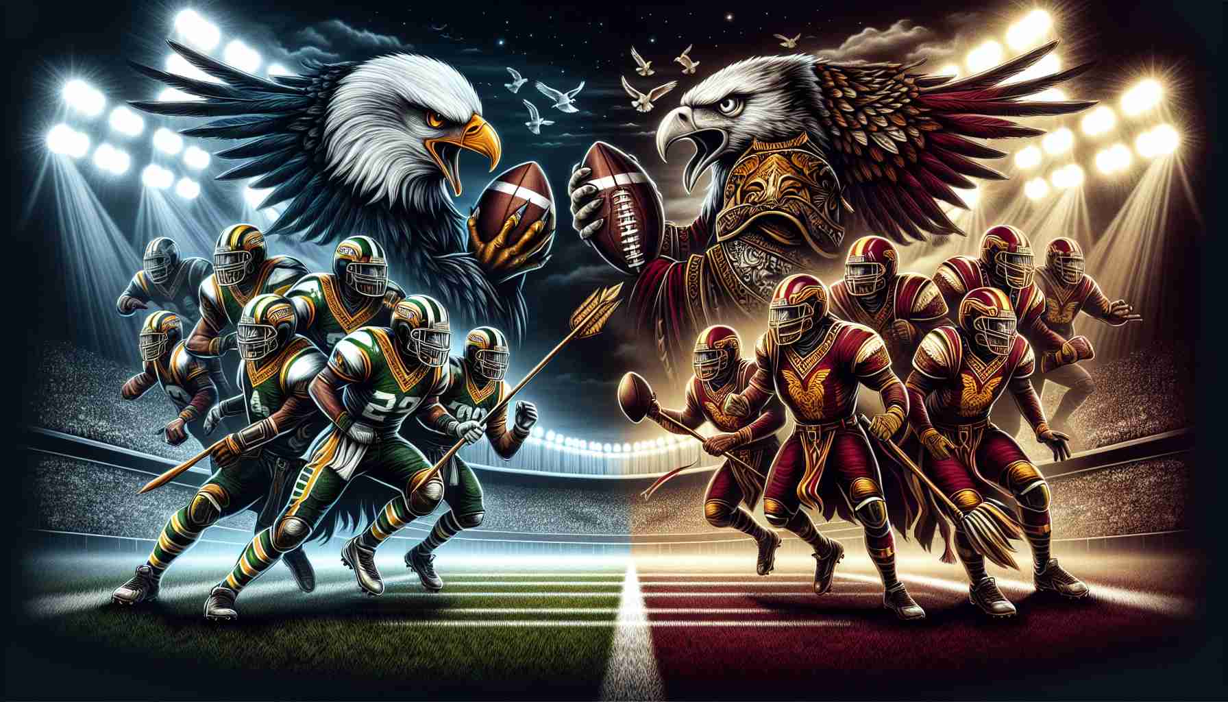 Glorious depiction of a thrilling football game under stadium lights. On one side, the team symbolized by the fierce and majestic Eagle, dressed in their on-field attire with predominantly green and white colors. On the other side, the staunch and disciplined team represented by the term ‘Commanders’, adorned in their battle garb tinted with shades of burgundy and gold. Both teams engaged in an epic showdown, a clash of titans, embodying the true spirit of the sport.