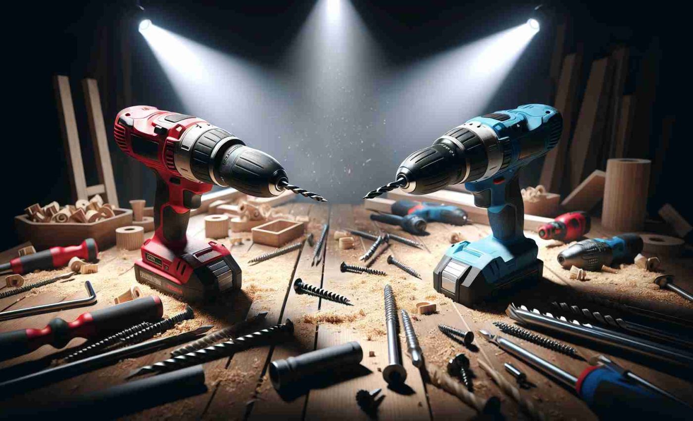 Create a realistic HD image depicting the ultimate showdown between two power drills. They should be prominently displayed side by side on a wooden workshop table littered with wood shavings, screws, and other relevant tools. Each drill should be distinct, one with a red body and the other blue. The focus should be on their design and details, highlighting their features that contribute to power and performance. There should be a strong spotlight illuminating the drills creating pronounced shadows and adding to the dramatic atmosphere.