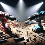 Create a realistic HD image depicting the ultimate showdown between two power drills. They should be prominently displayed side by side on a wooden workshop table littered with wood shavings, screws, and other relevant tools. Each drill should be distinct, one with a red body and the other blue. The focus should be on their design and details, highlighting their features that contribute to power and performance. There should be a strong spotlight illuminating the drills creating pronounced shadows and adding to the dramatic atmosphere.