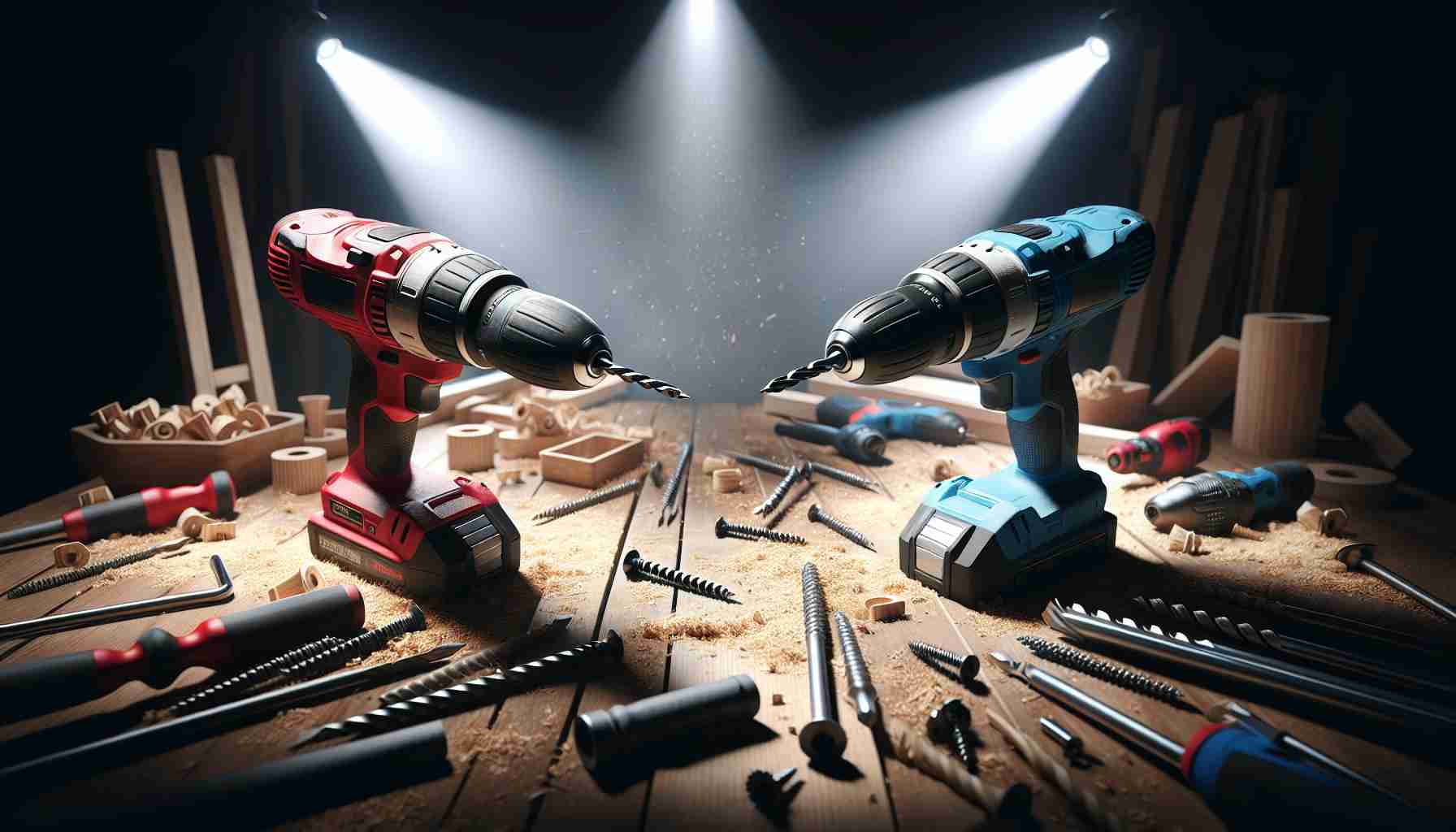 Create a realistic HD image depicting the ultimate showdown between two power drills. They should be prominently displayed side by side on a wooden workshop table littered with wood shavings, screws, and other relevant tools. Each drill should be distinct, one with a red body and the other blue. The focus should be on their design and details, highlighting their features that contribute to power and performance. There should be a strong spotlight illuminating the drills creating pronounced shadows and adding to the dramatic atmosphere.