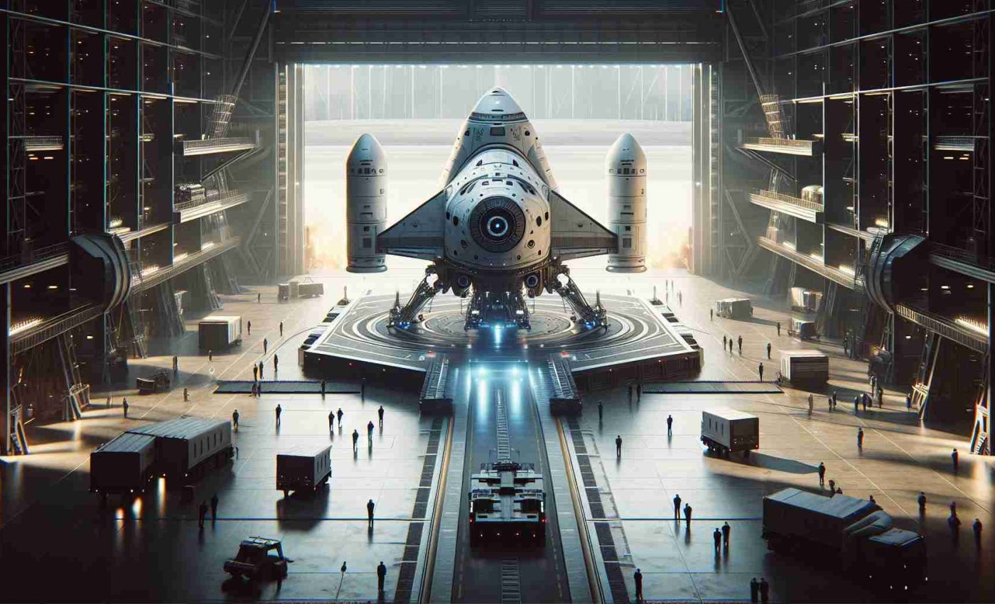 Generate a high-definition, realistic image of a large, futuristic spacecraft on a launch pad getting ready for its imminent takeoff. The atmosphere should have an feel of tension and anticipation, with ground crew personnel busily preparing for the flight. The vehicle design should denote advanced technology and modern space travel ambitions. No logos, trademarks, or explicit company references should be visible.