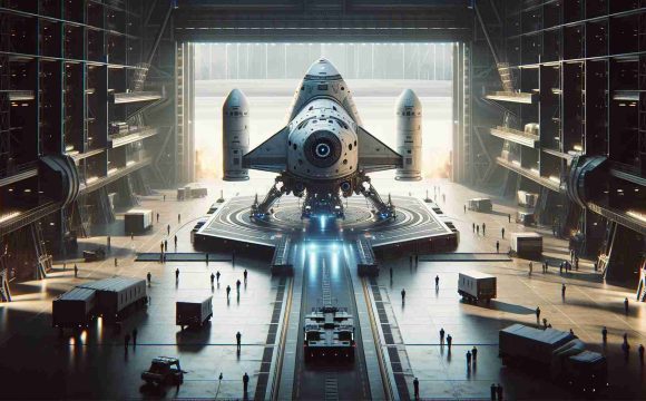 Generate a high-definition, realistic image of a large, futuristic spacecraft on a launch pad getting ready for its imminent takeoff. The atmosphere should have an feel of tension and anticipation, with ground crew personnel busily preparing for the flight. The vehicle design should denote advanced technology and modern space travel ambitions. No logos, trademarks, or explicit company references should be visible.