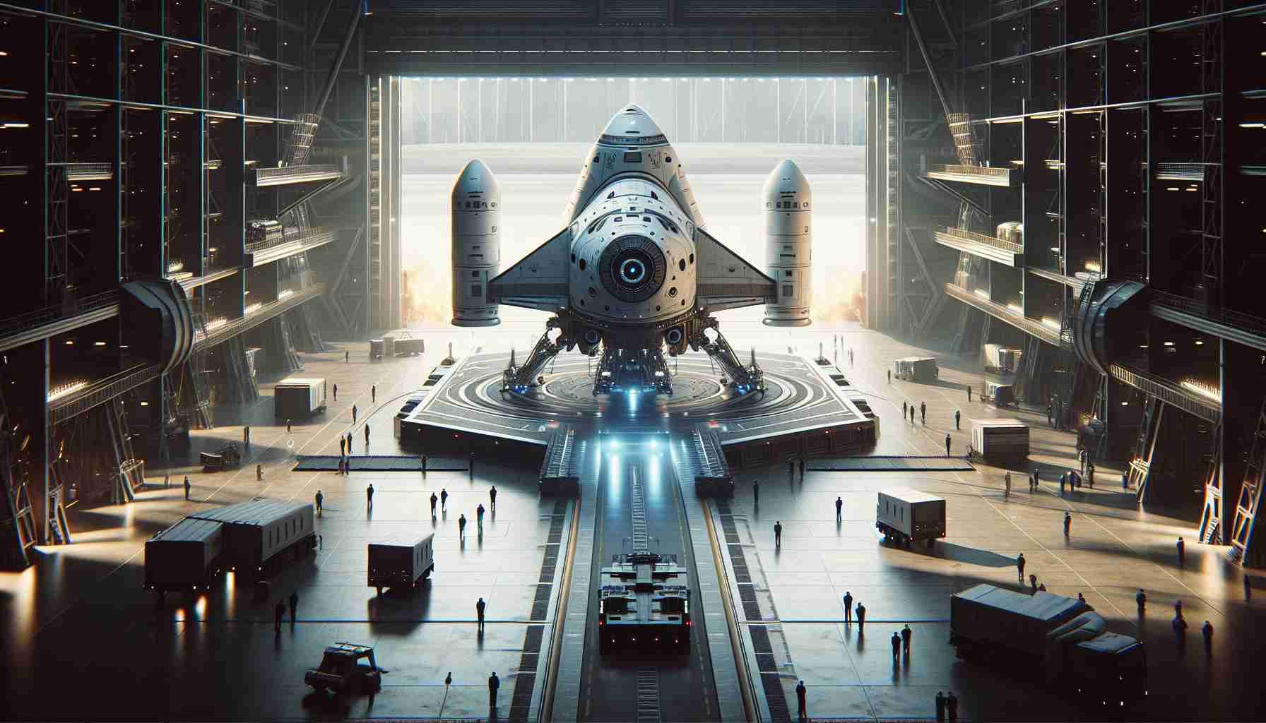 Generate a high-definition, realistic image of a large, futuristic spacecraft on a launch pad getting ready for its imminent takeoff. The atmosphere should have an feel of tension and anticipation, with ground crew personnel busily preparing for the flight. The vehicle design should denote advanced technology and modern space travel ambitions. No logos, trademarks, or explicit company references should be visible.